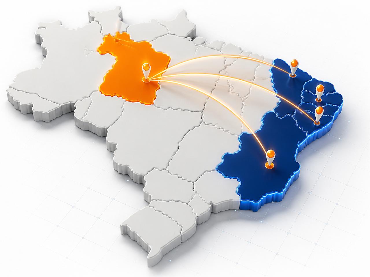 Mapa 3D do Brasil destacando região Nordeste (atuação) e Pará (expansão) da D&B Transportes